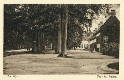14083 Gezicht in de Amsterdamsestraatweg met rijen bomen te Soestdijk (gemeente Baarn) uit het zuidoosten; met rechts ...